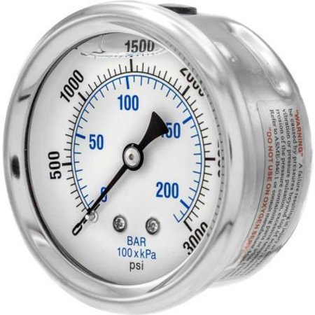 Engineered Specialty Products, Inc Pic Gauges 2 1/2" Pressure Gauge, Liquid Filled, 3000 PSI, SS Case, Center Back Mount, PRO-202L-254P PRO-202L-254P